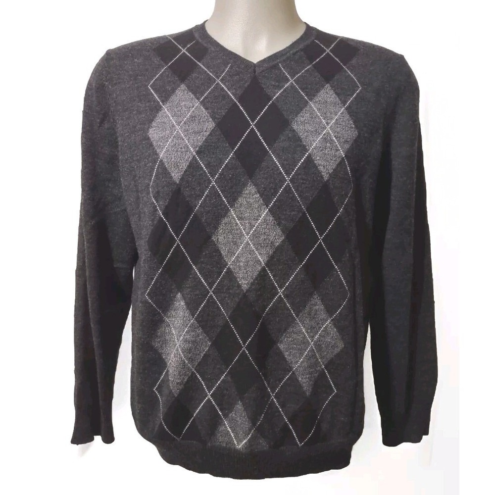 Apt 9 Sweater Mens L Gray Argyle V-Neck Pullover Preppy Cabin Core Cozy‎ Core L